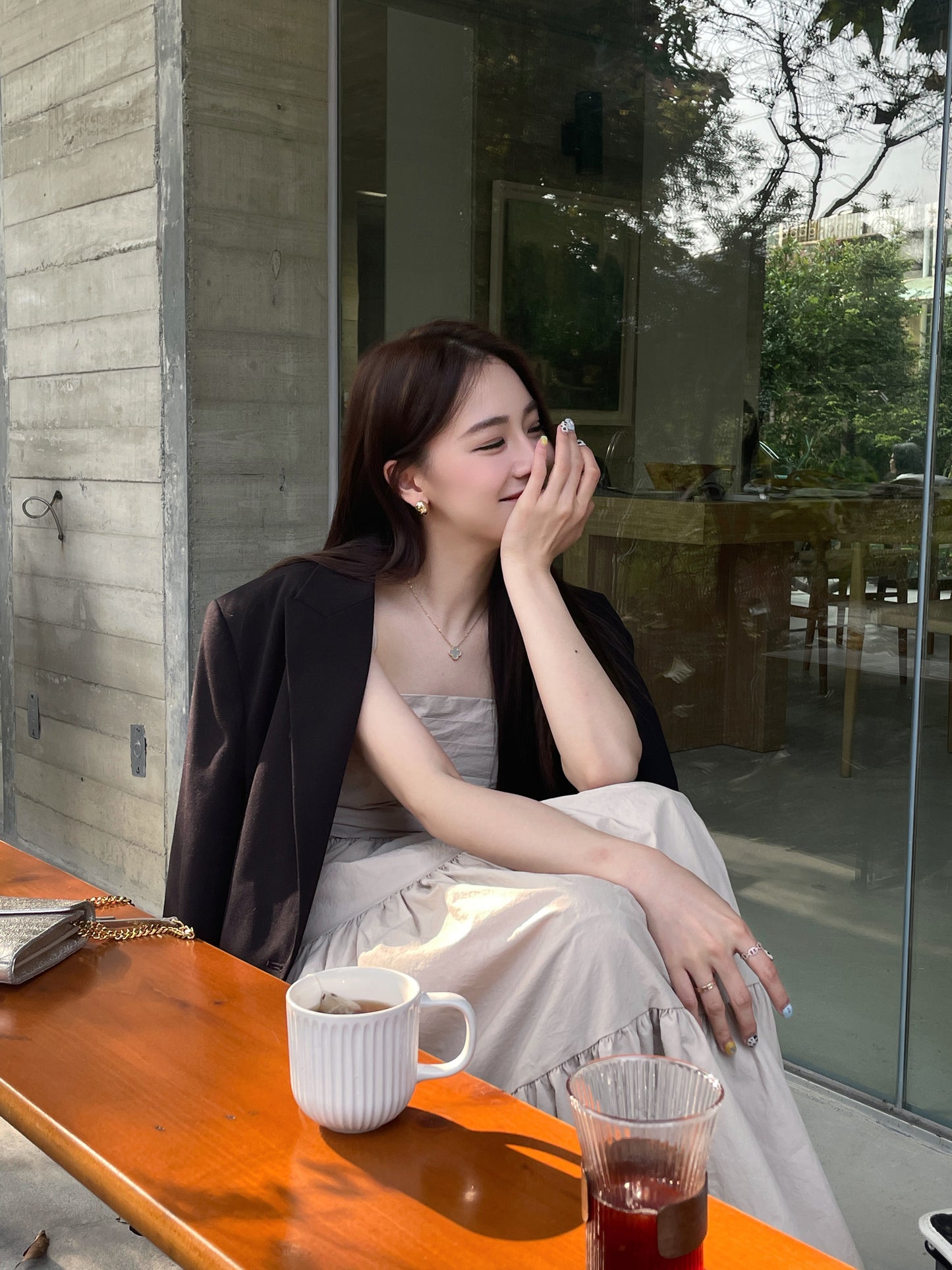 Korean style heavy industry one-piece long skirt-apricot color