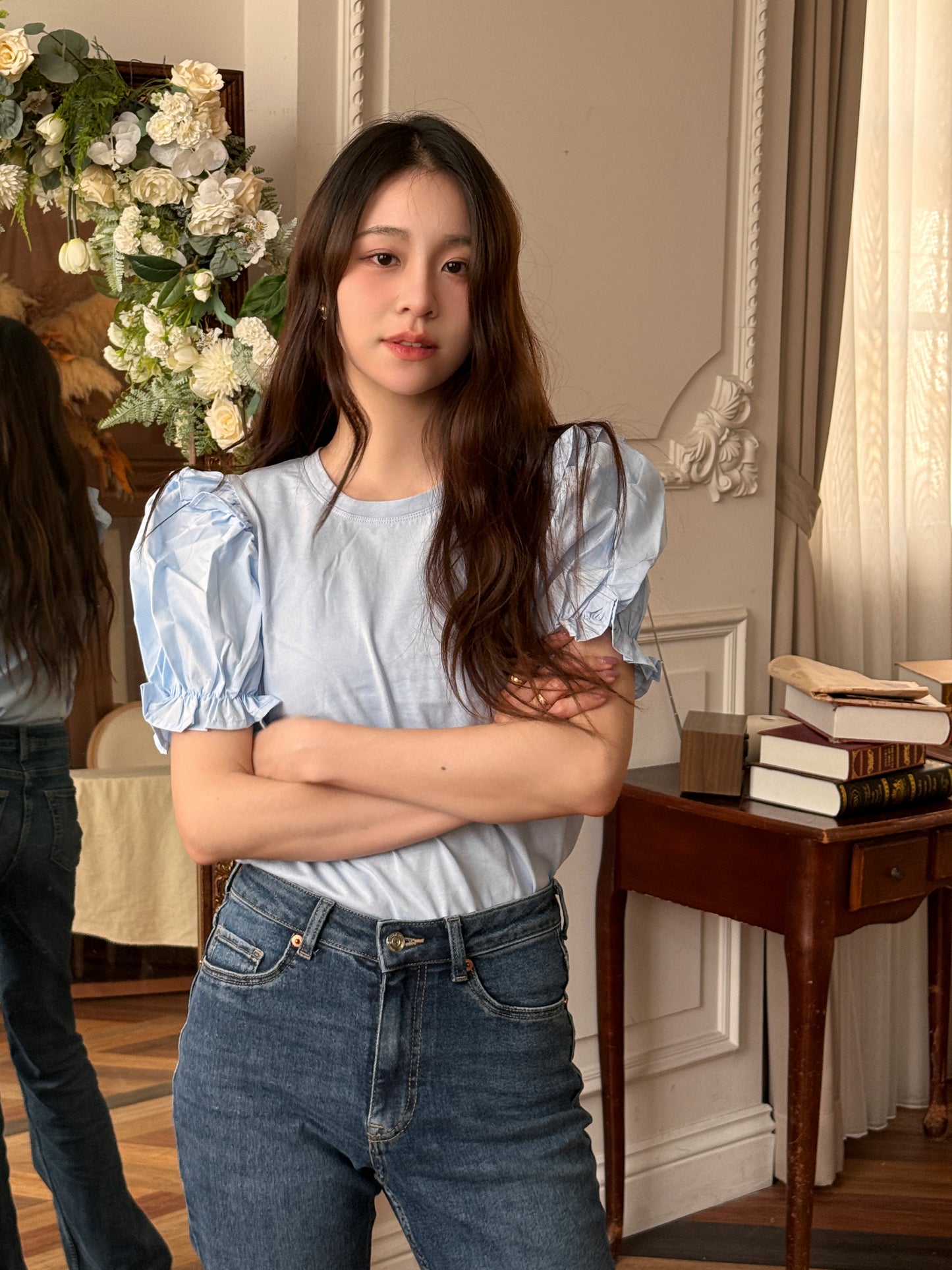 Three-dimensional puff sleeve patchwork top-blue