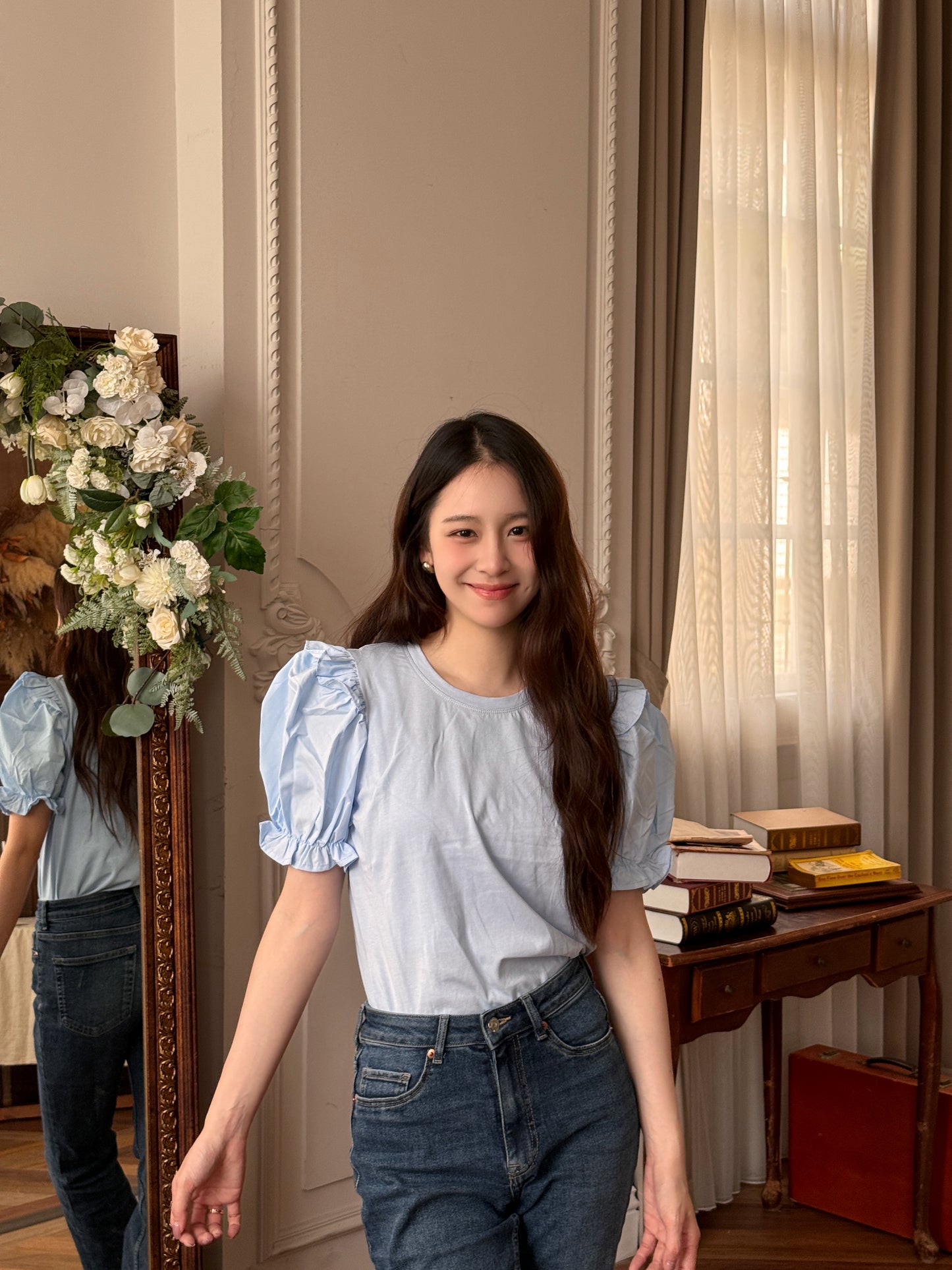 Three-dimensional puff sleeve patchwork top-blue