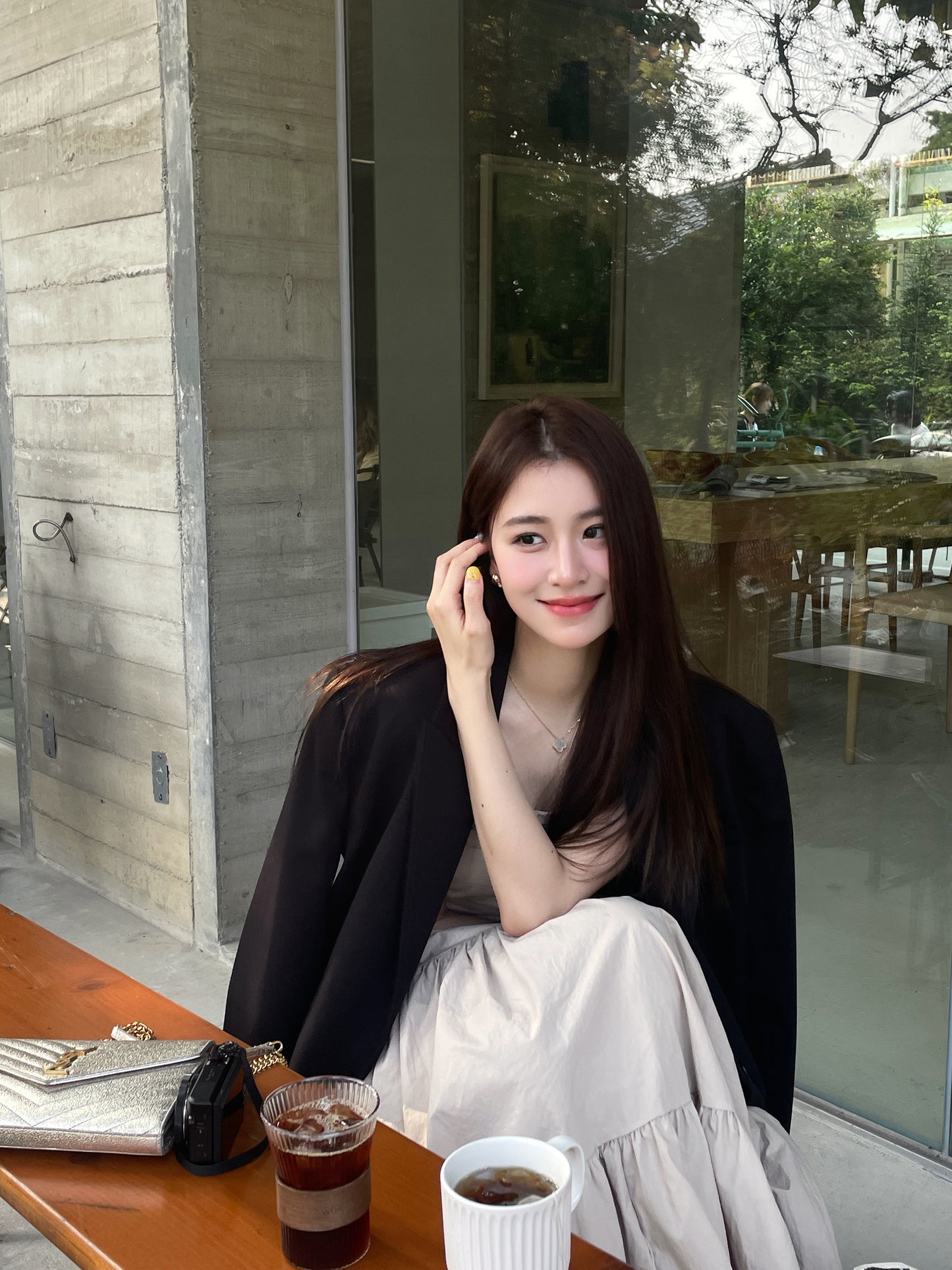 Korean style heavy industry one-piece long skirt-apricot color