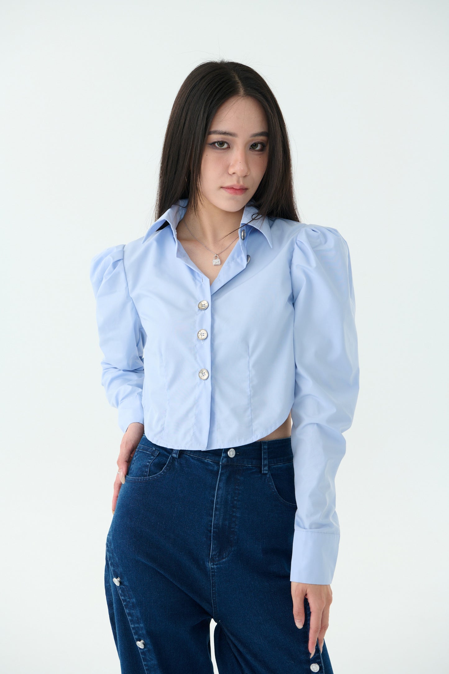 細緻公主袖圓弧襯衫-粉藍