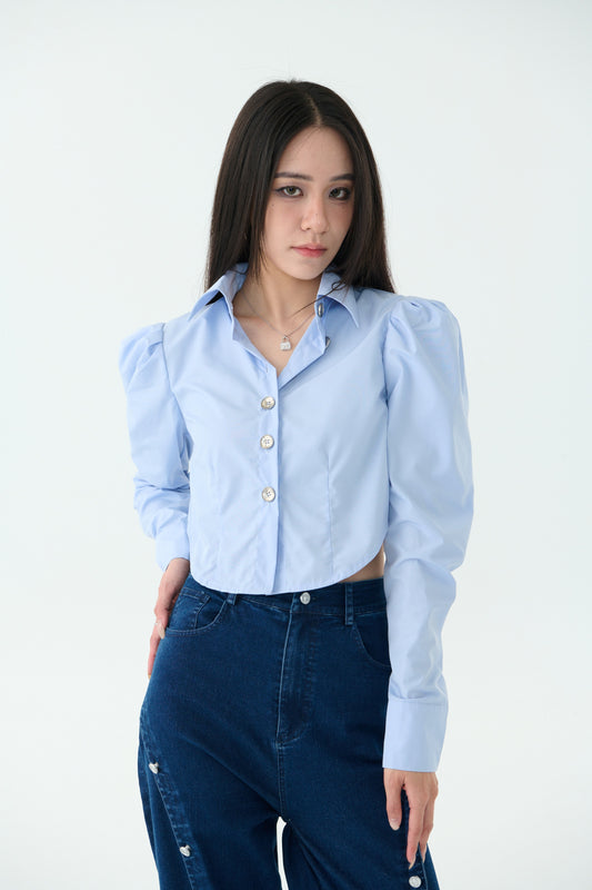 Delicate princess sleeve arc shirt-pink blue