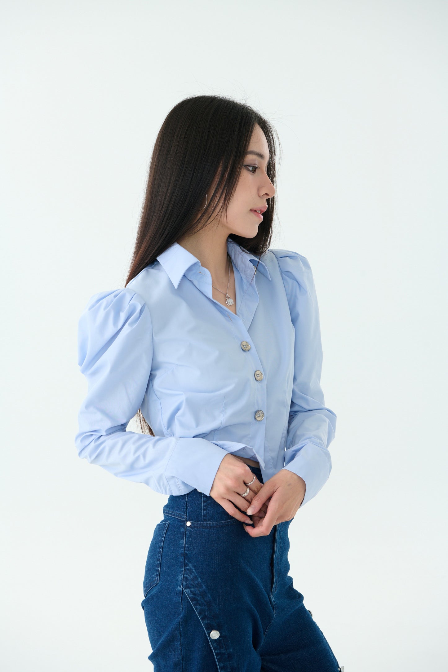 細緻公主袖圓弧襯衫-粉藍