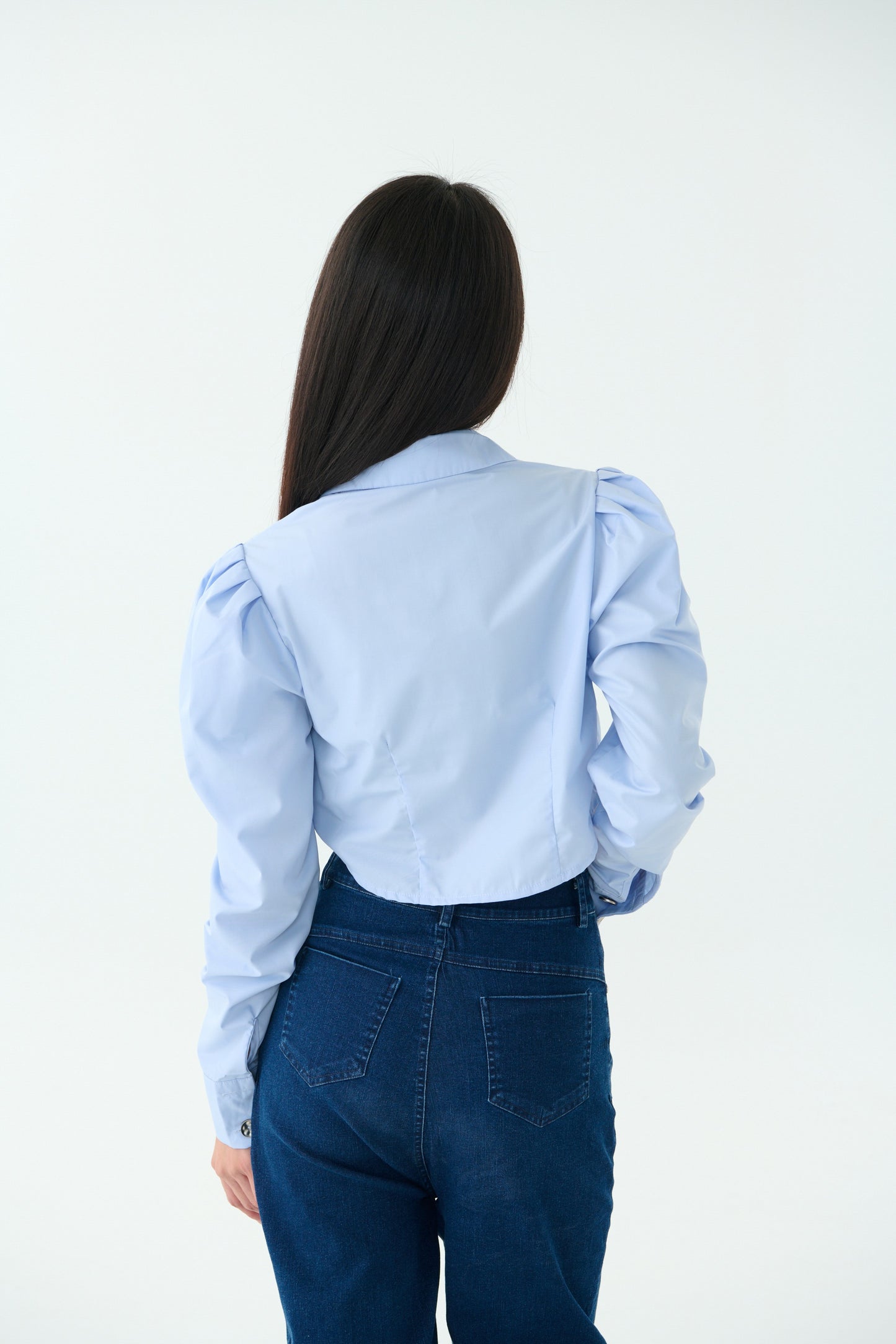 細緻公主袖圓弧襯衫-粉藍