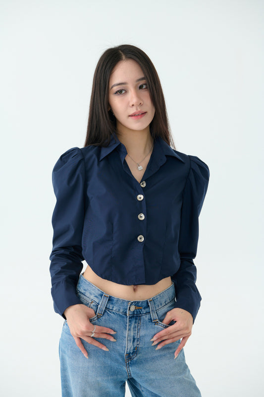 Detailed princess sleeve arc shirt-blue