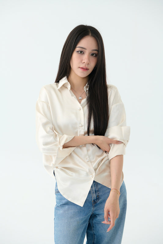 Pearl button satin shirt-off-white