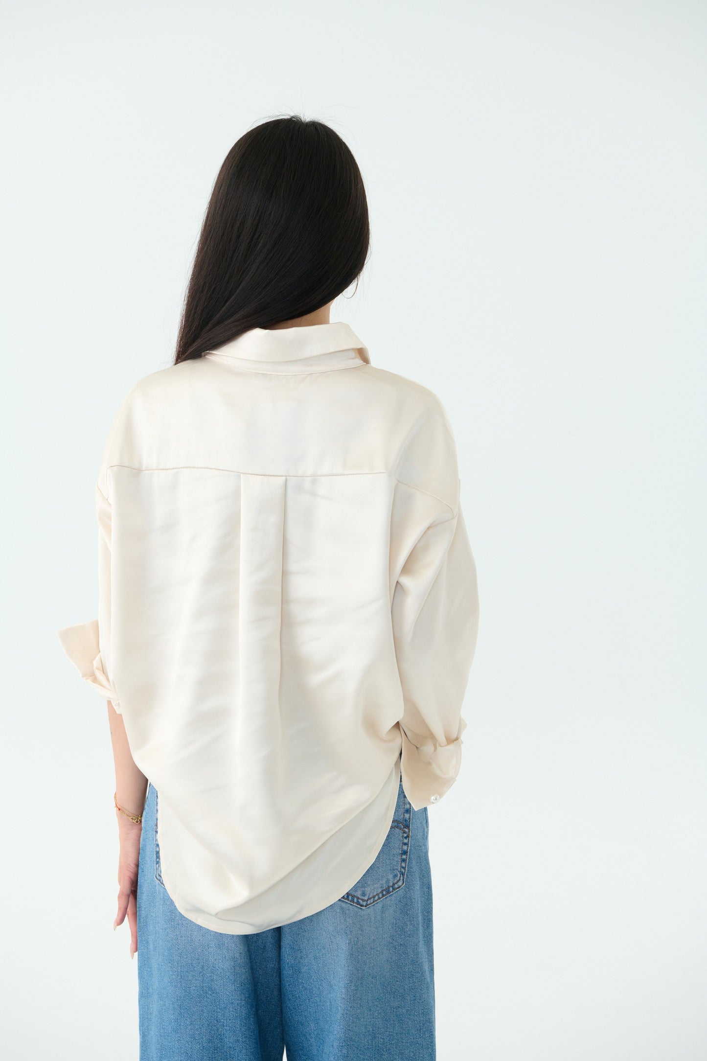 Pearl button satin shirt-off-white