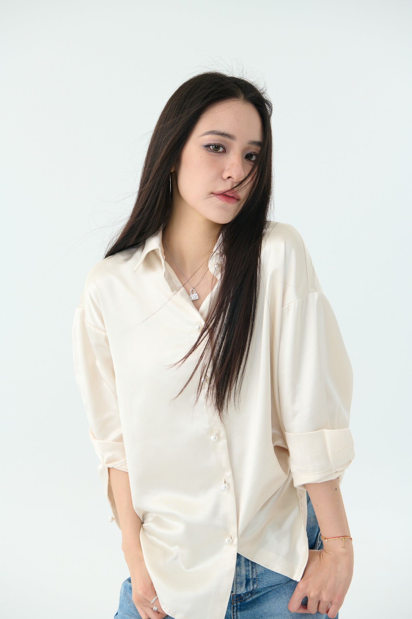 Pearl button satin shirt-off-white