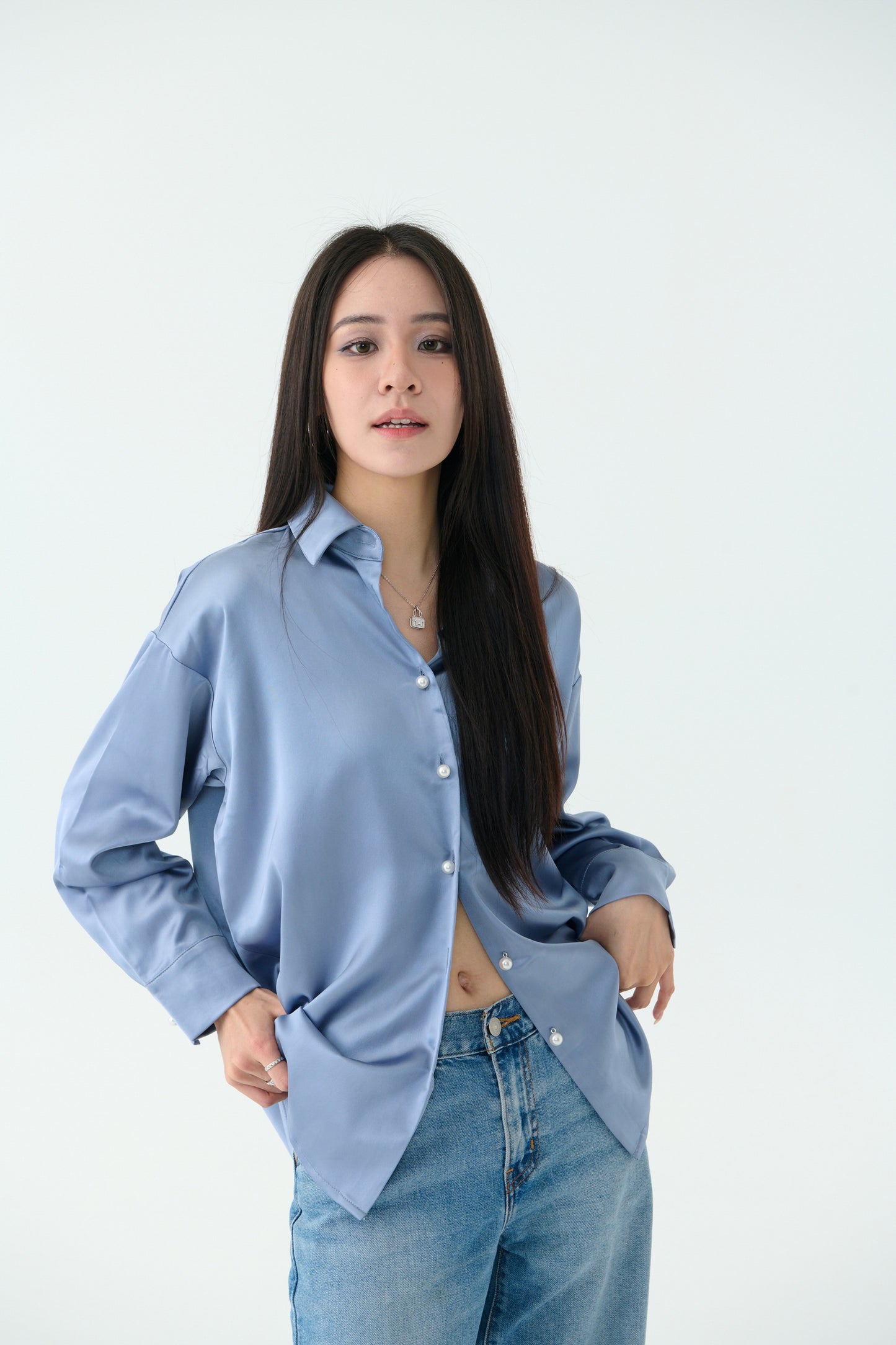 Pearl button satin shirt-grey blue (SOLD OUT)