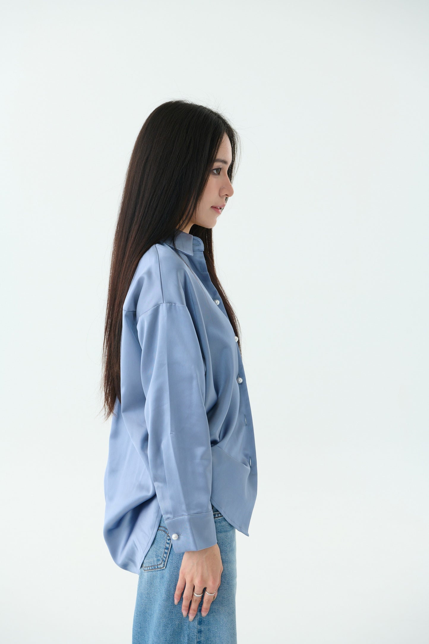 Pearl button satin shirt-grey blue (SOLD OUT)