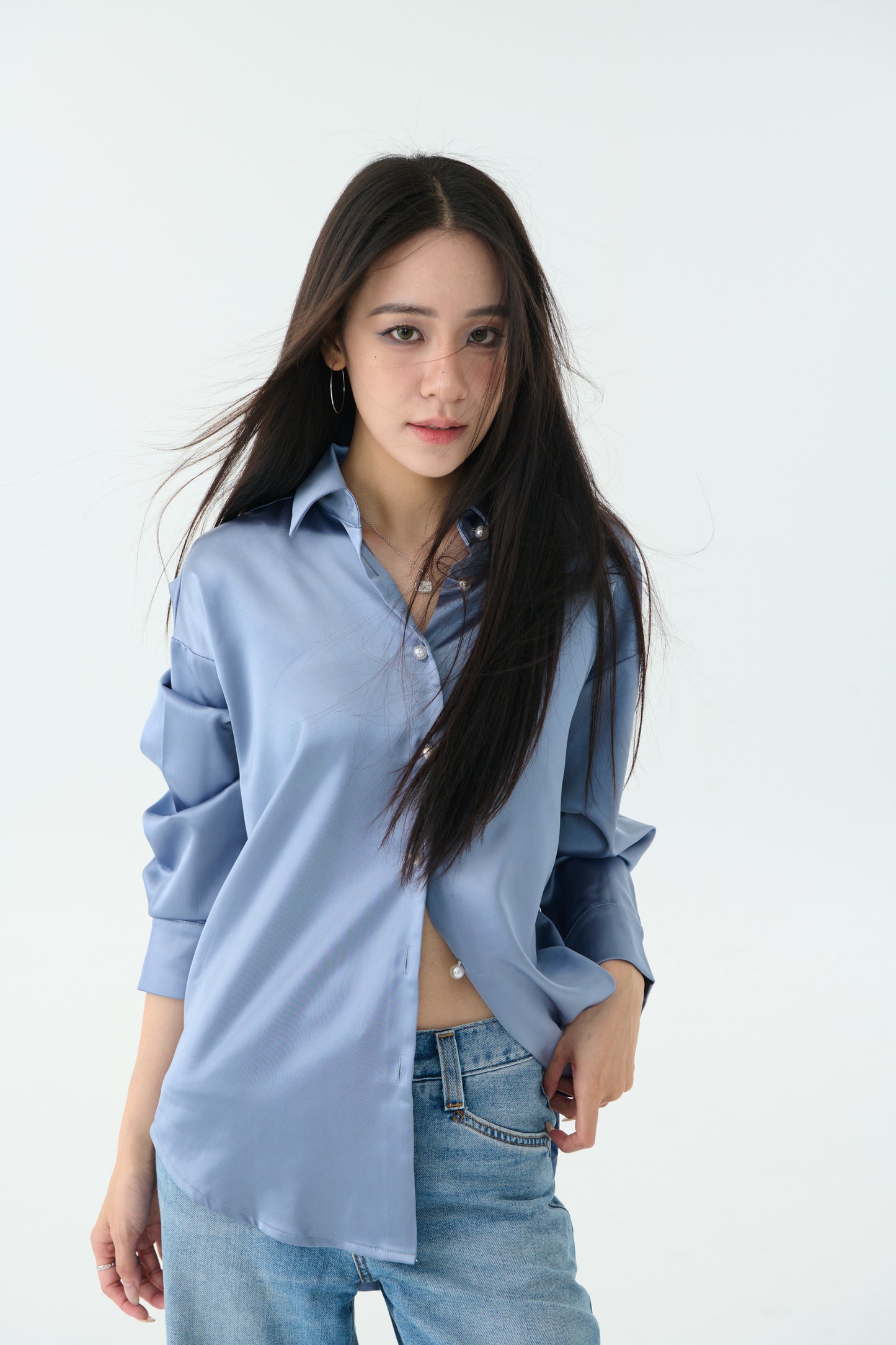Pearl button satin shirt-grey blue (SOLD OUT)