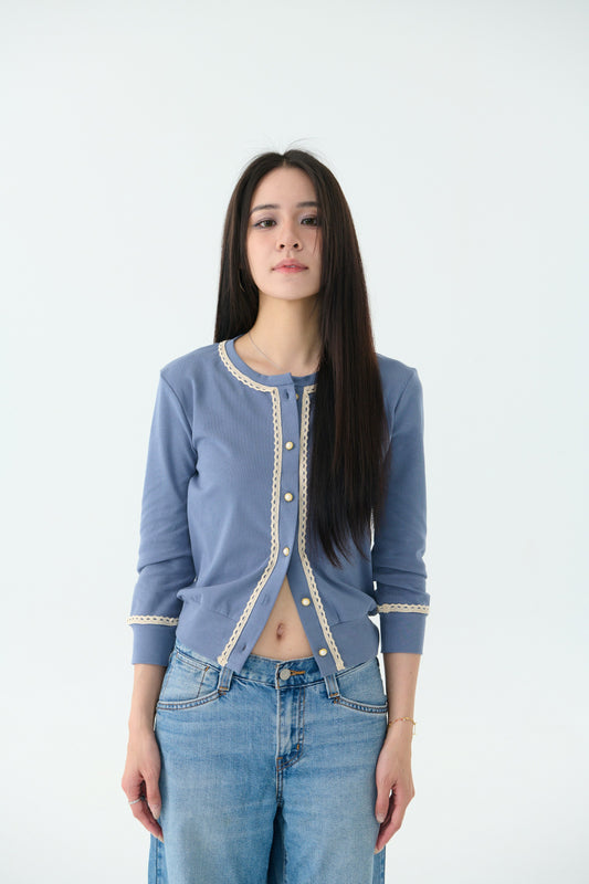 Lace cotton blouse-grey blue