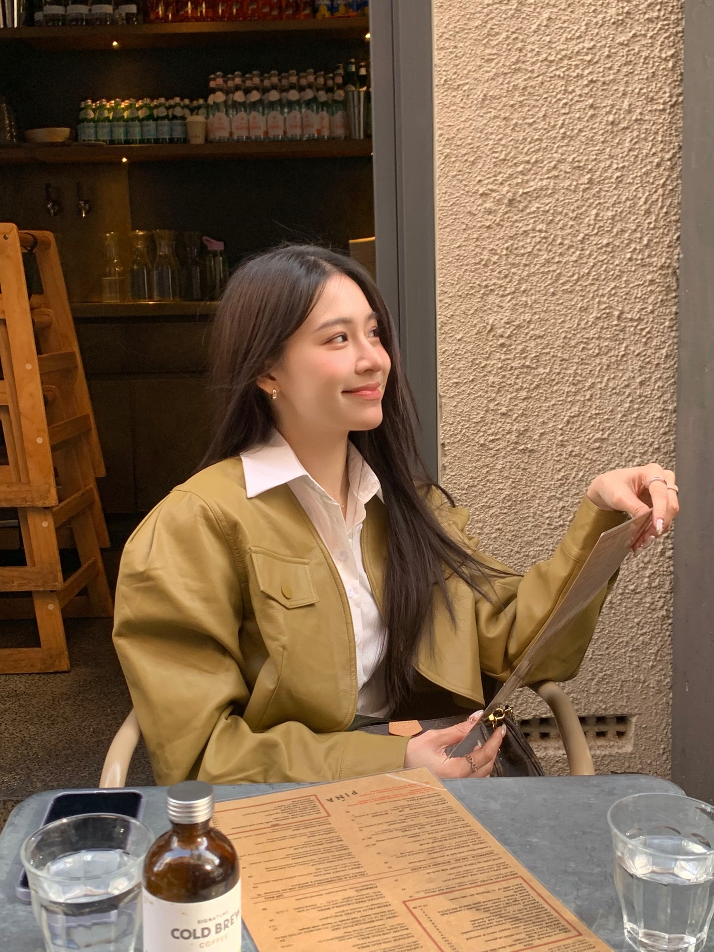 Short version soft casual leather jacket-olive green