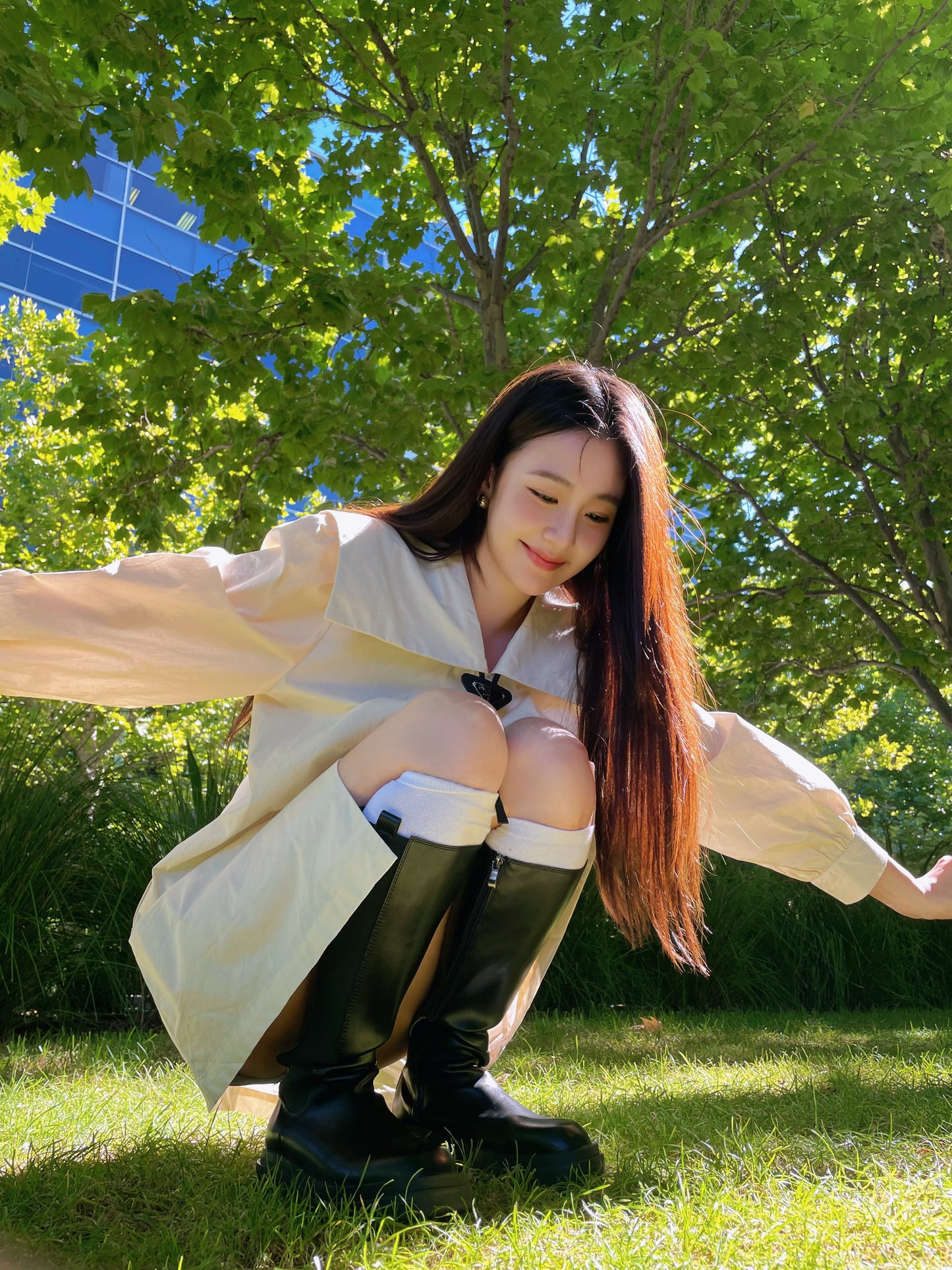 Lapel cotton long shirt-off-white