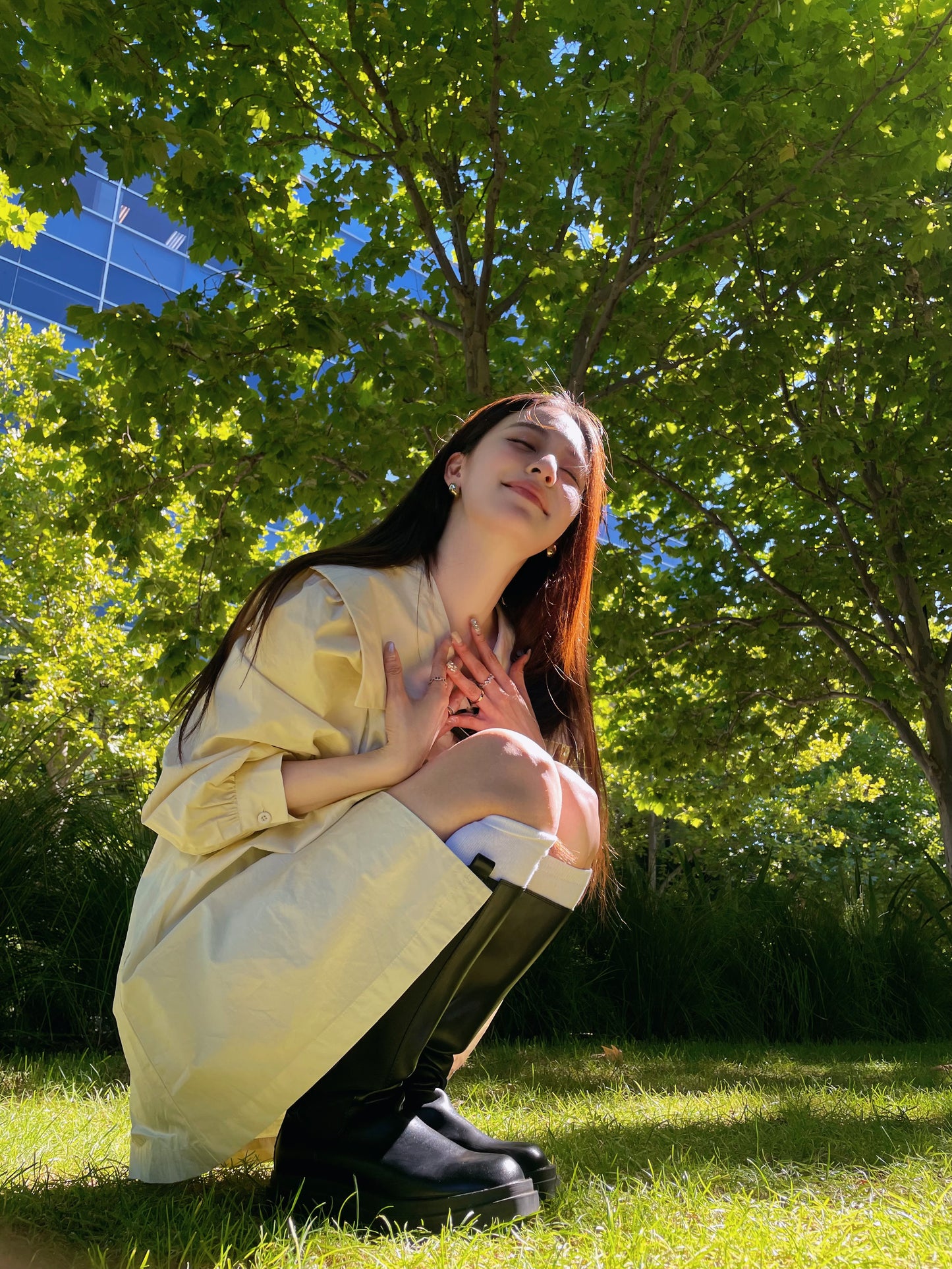 Lapel cotton long shirt-off-white