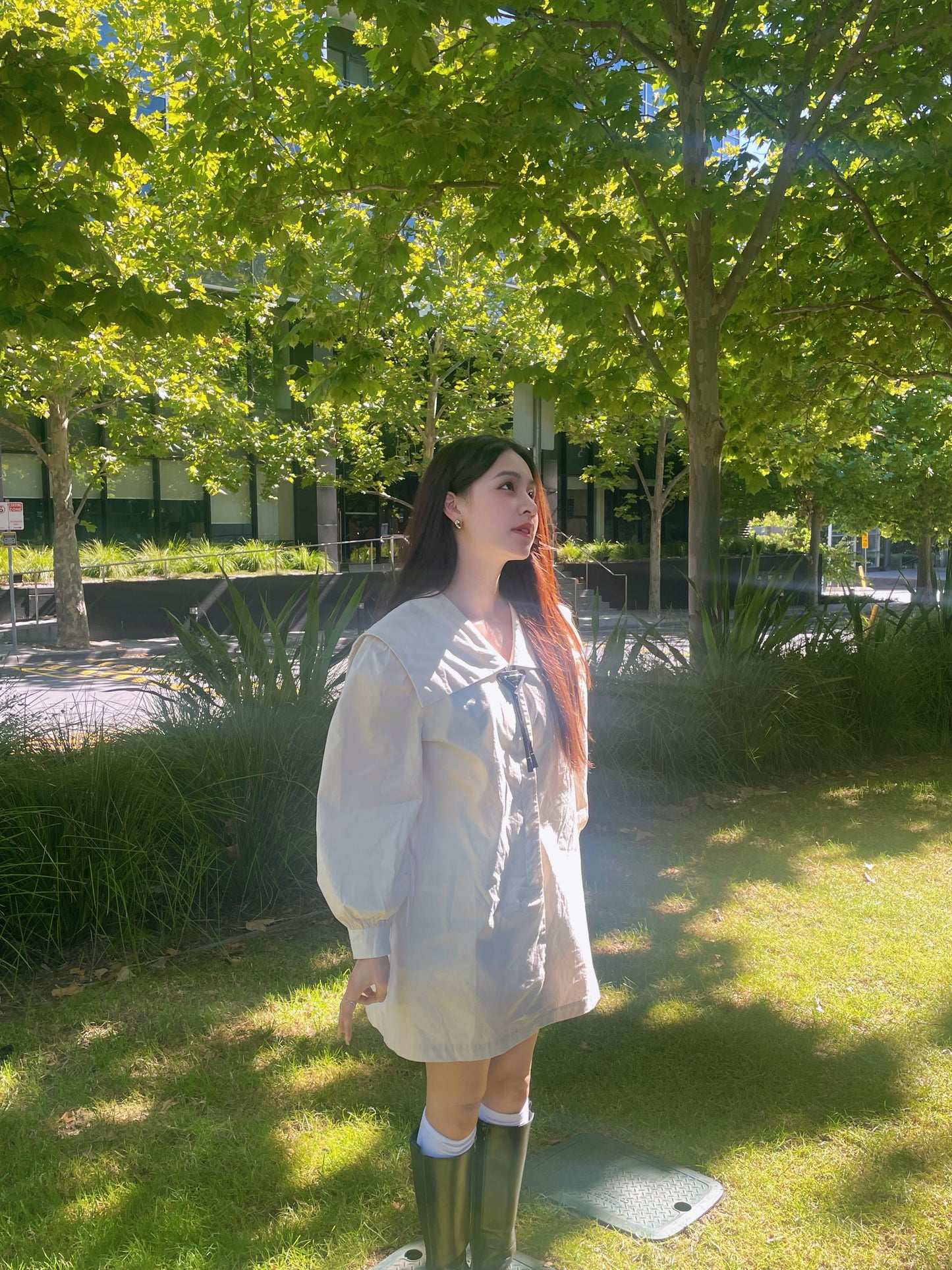 Lapel cotton long shirt-off-white