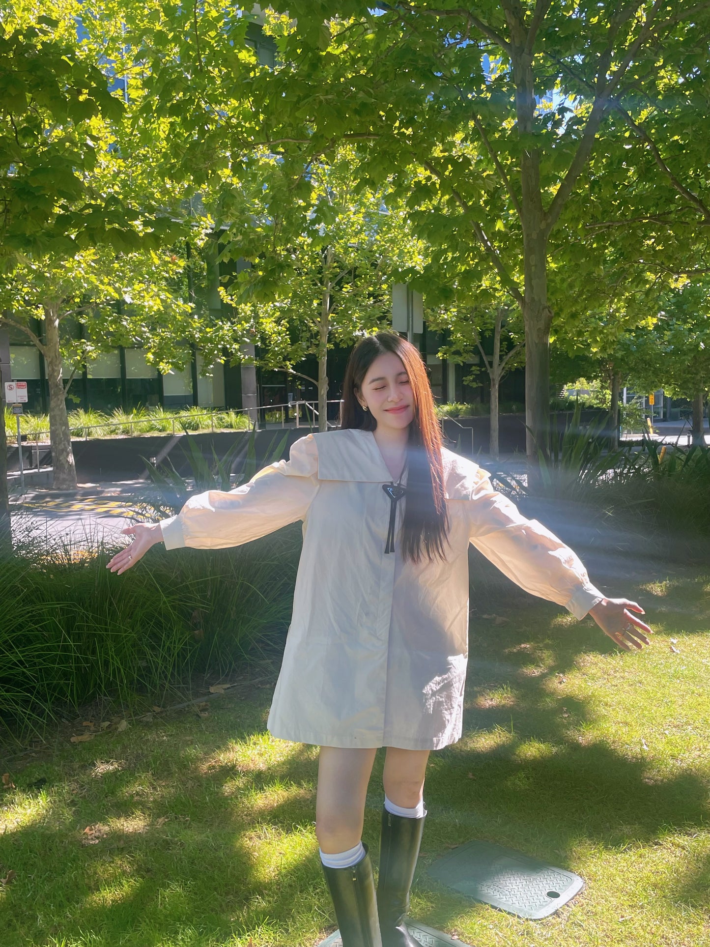 Lapel cotton long shirt-off-white