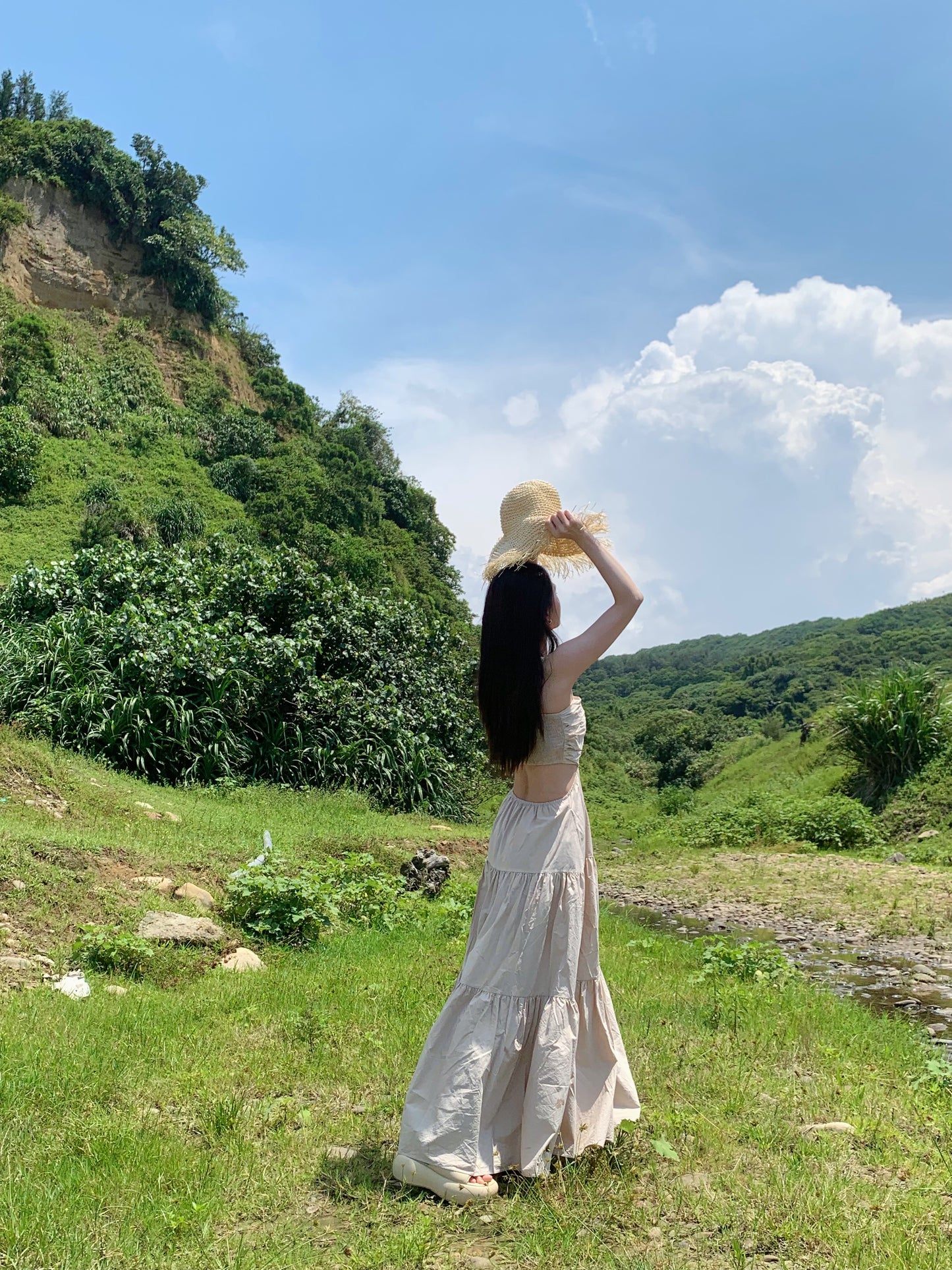 Korean style heavy industry one-piece long skirt-apricot color