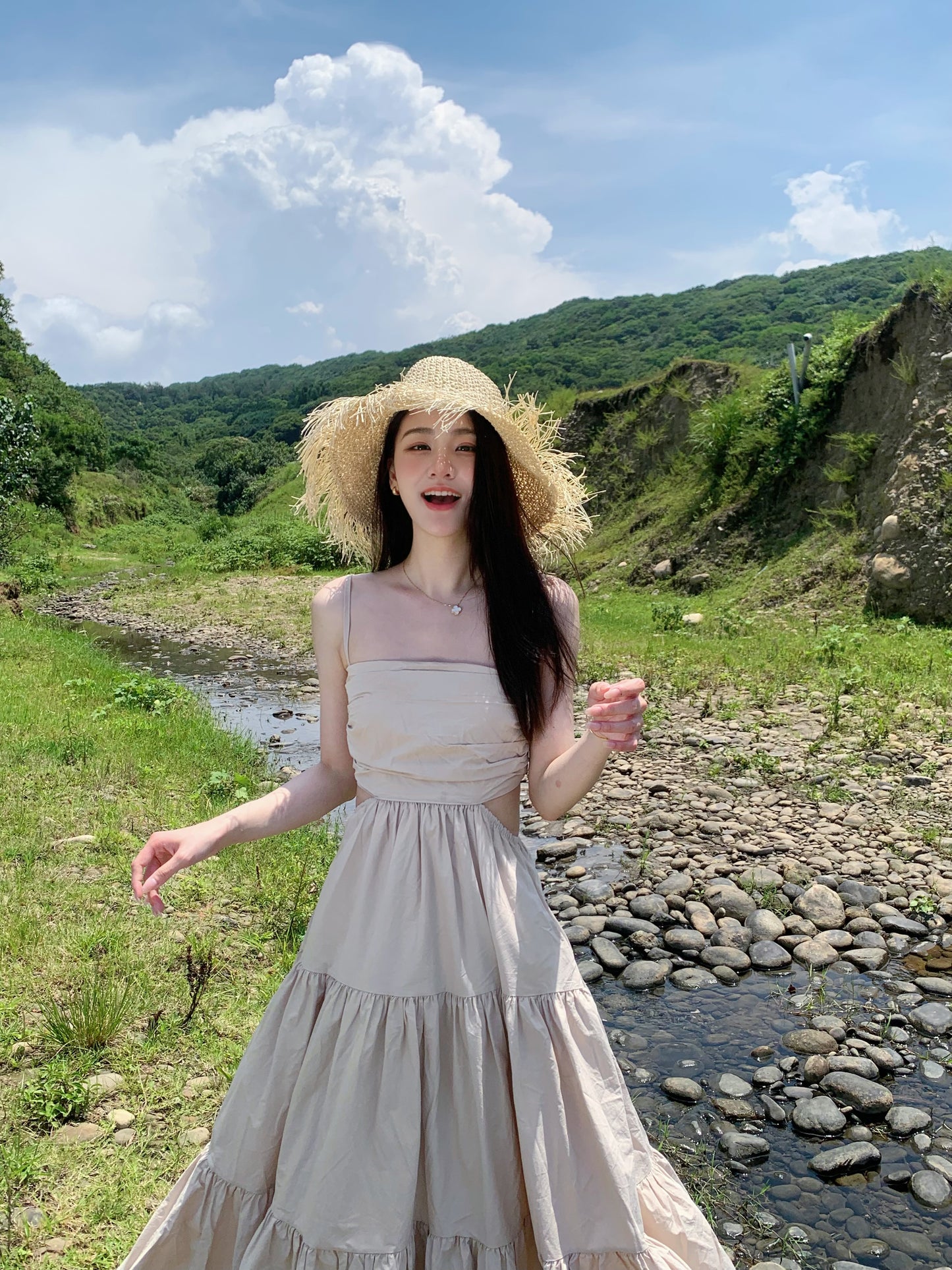 Korean style heavy industry one-piece long skirt-apricot color