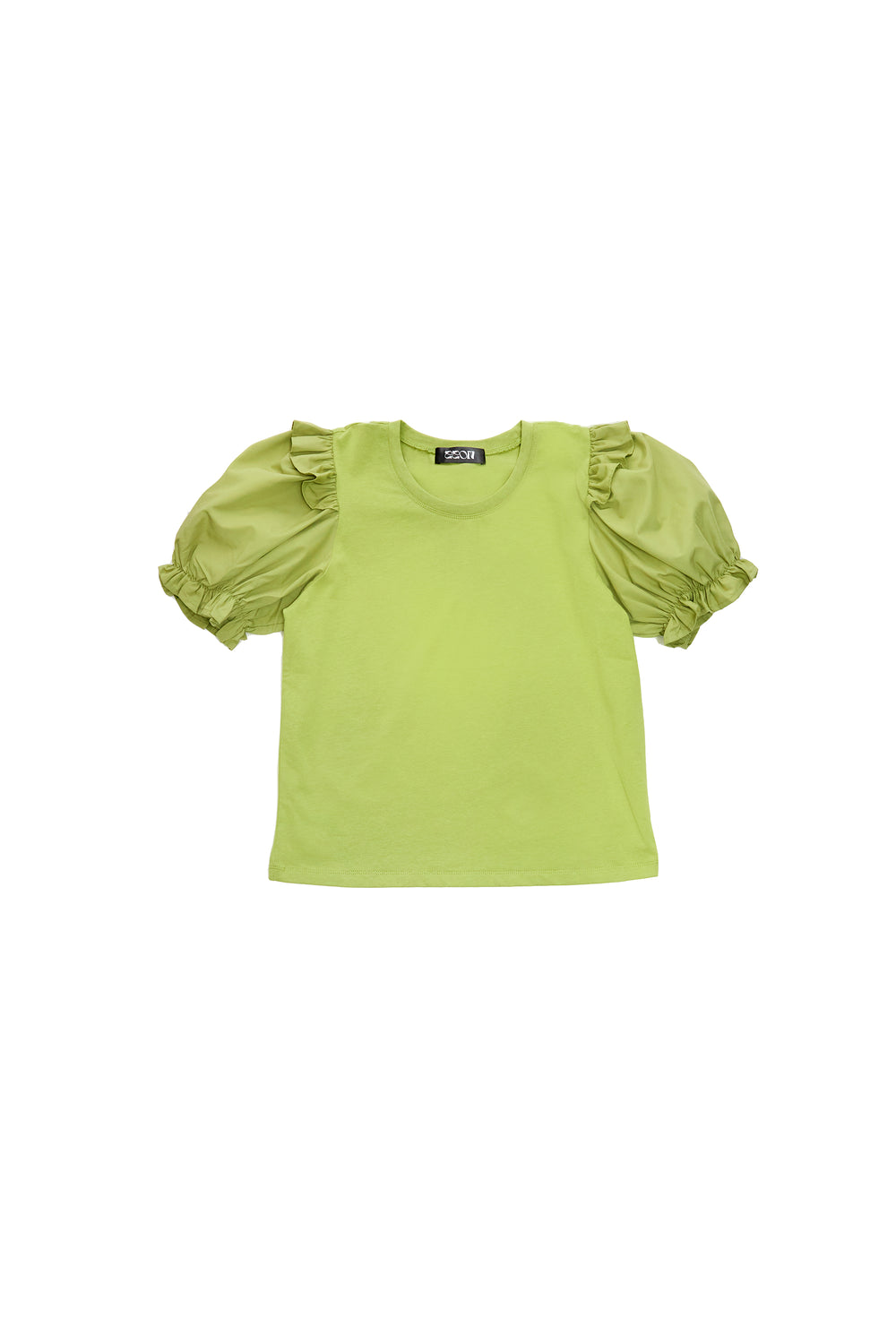 Three-dimensional puff sleeve patchwork top-grass green