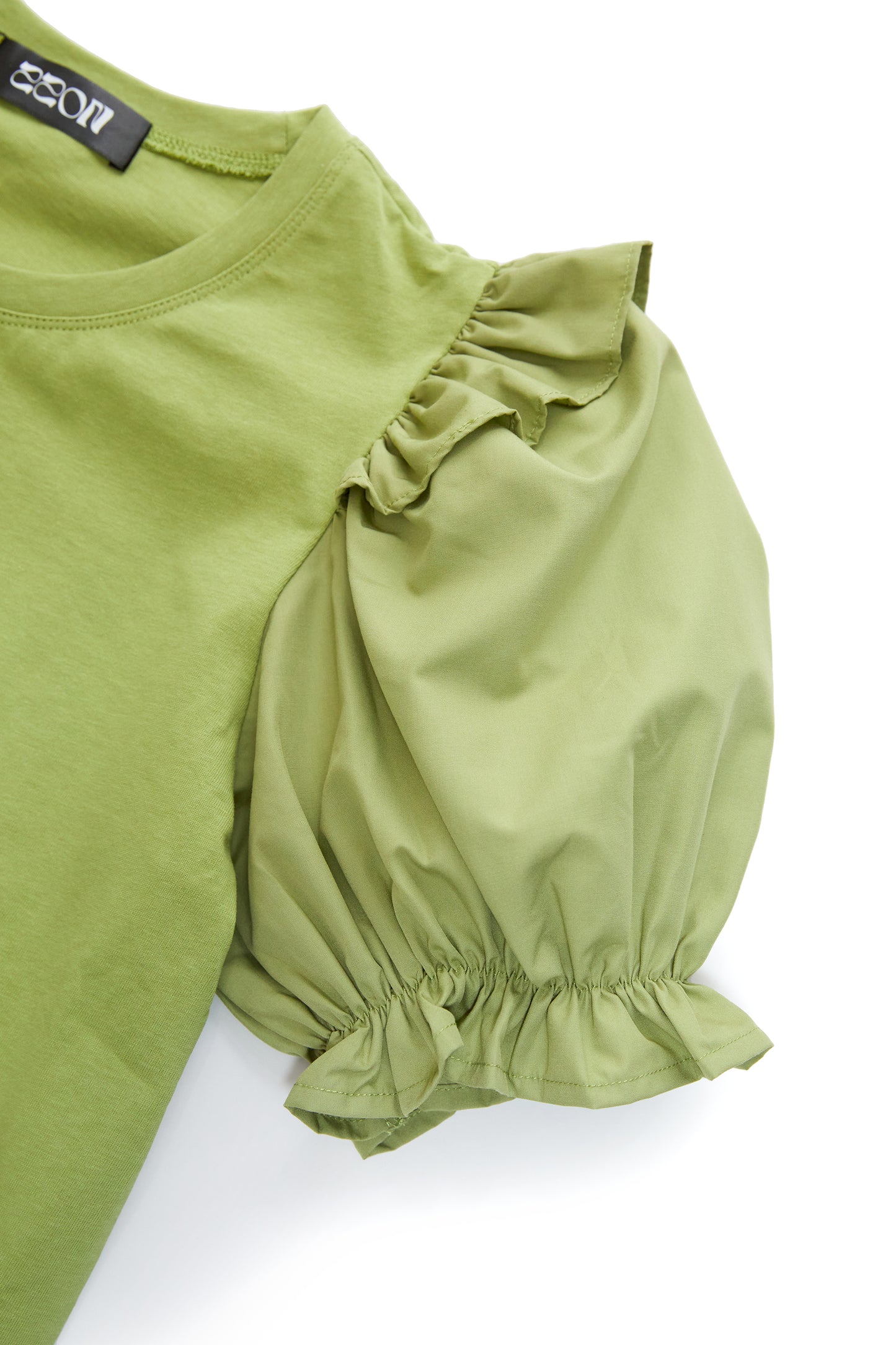 Three-dimensional puff sleeve patchwork top-grass green