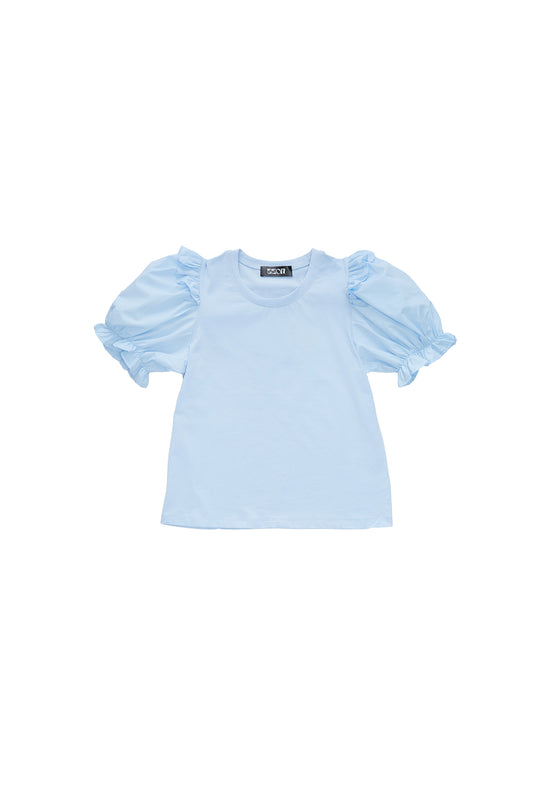 Three-dimensional puff sleeve patchwork top-blue