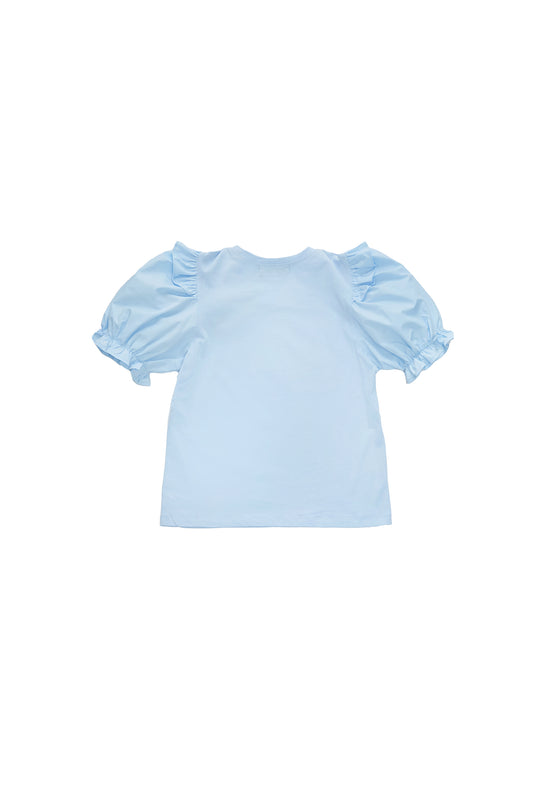 Three-dimensional puff sleeve patchwork top-blue