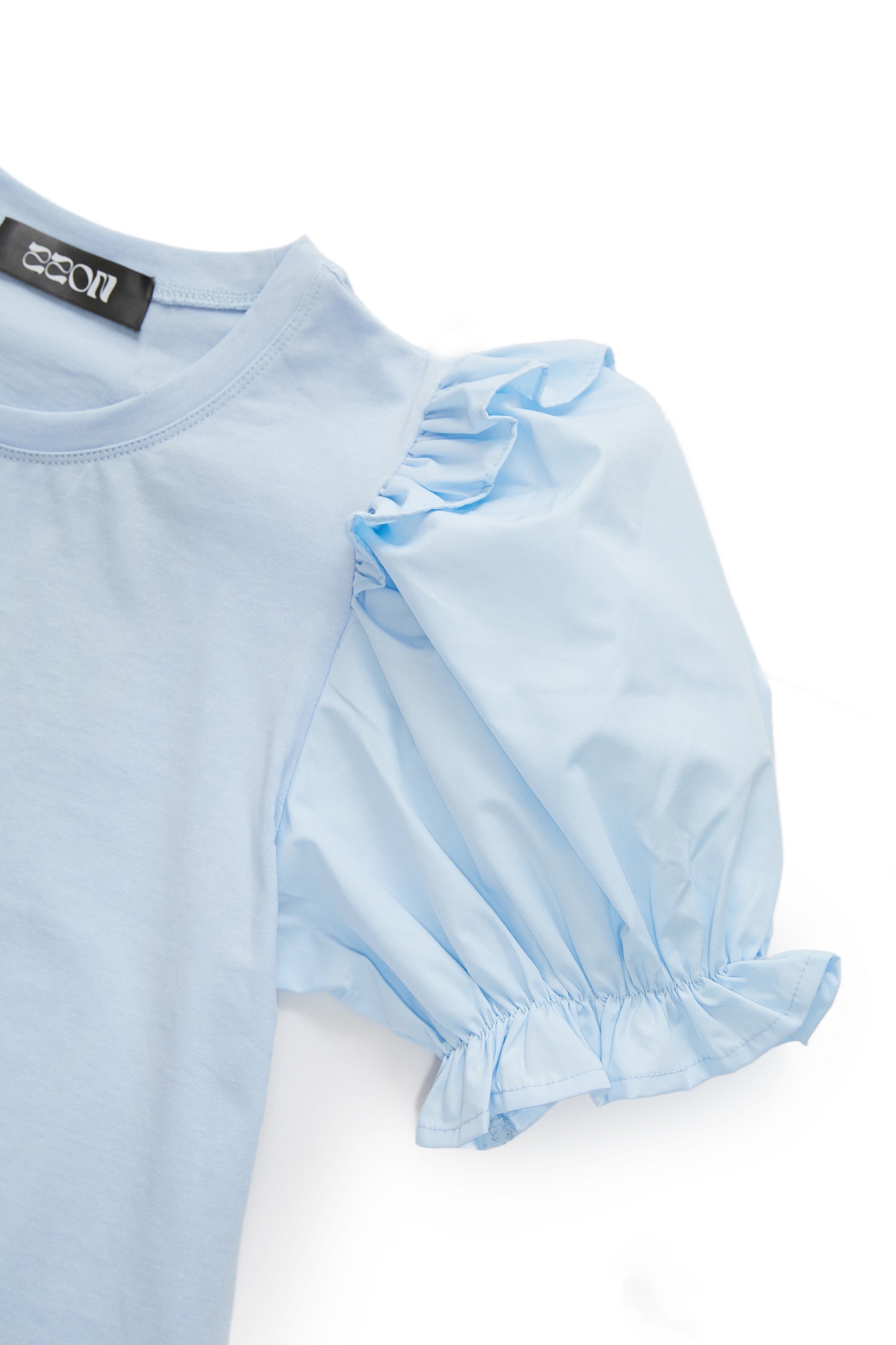 Three-dimensional puff sleeve patchwork top-blue